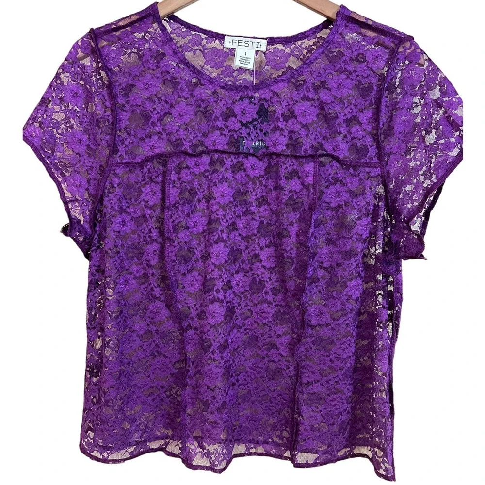Sexy Sheer Torrid 1X CROP TOP Purple Haze Stretch Lace Festival Festi Blouse NEW - Picture 2 of 13
